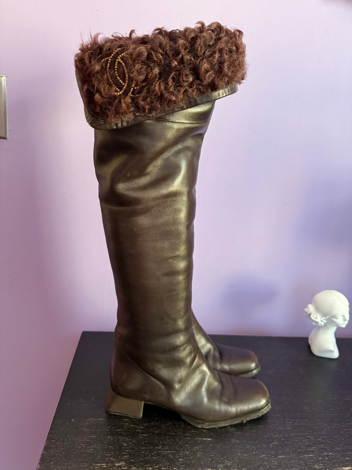 Chanel vintage brown shearling cc logo boots over the knee