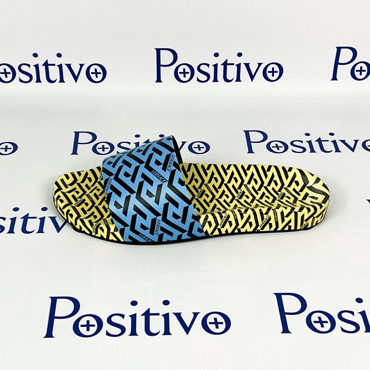 Versace Mens Blue/Yellow La Greca Rubber Slides US 12 EU 45