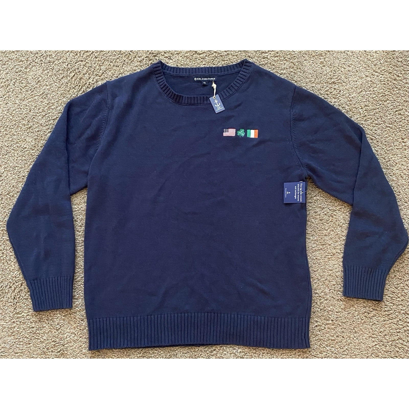 Kiel James Patrick Irish American Flags Cotton Sweater Size XL Navy Blue NEW