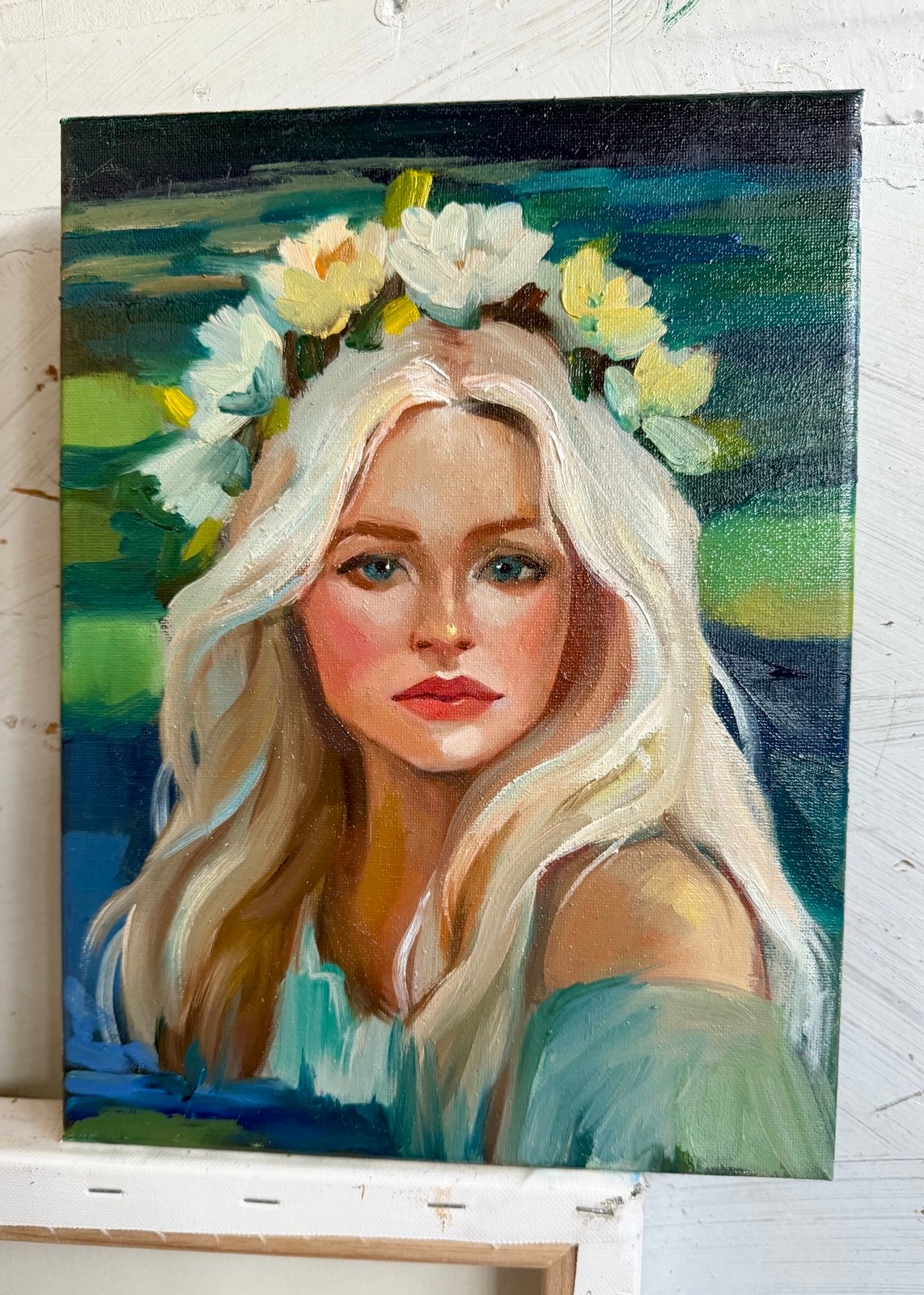 Original Oil Painting "Portrait with White Flowers", 12x9 Canvas