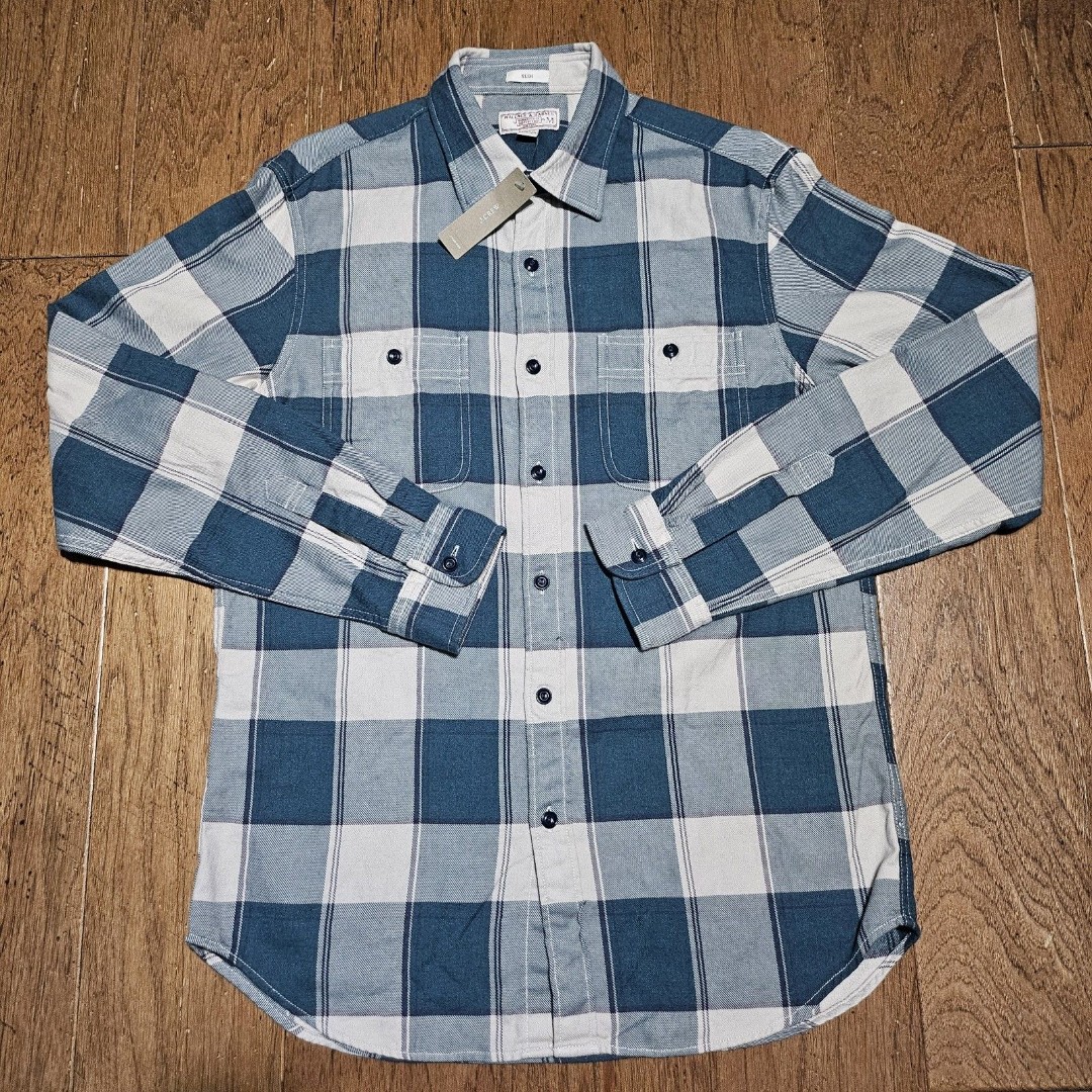 New J Crew Wallace & Barnes Slim Fit Stripe Plaid Flannel Shirt Opal Blue Medium