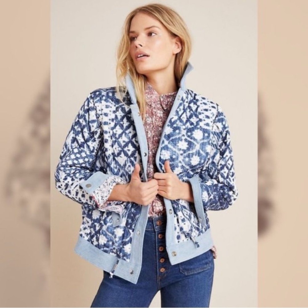Anthropologie Blank NYC Blue Reversible Denim Trimmed Patchwork Jacket Boxy S