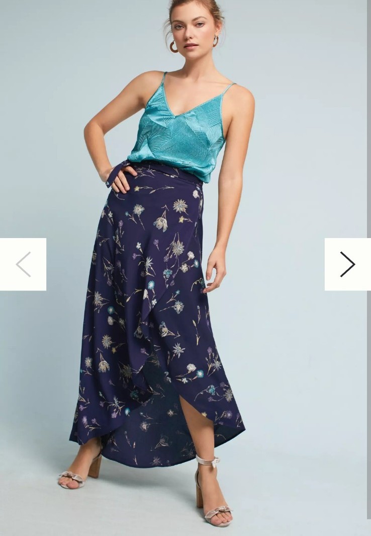 Anthropologie Mauve Chloris floral navy blue maxi high-low wrap skirt XSP