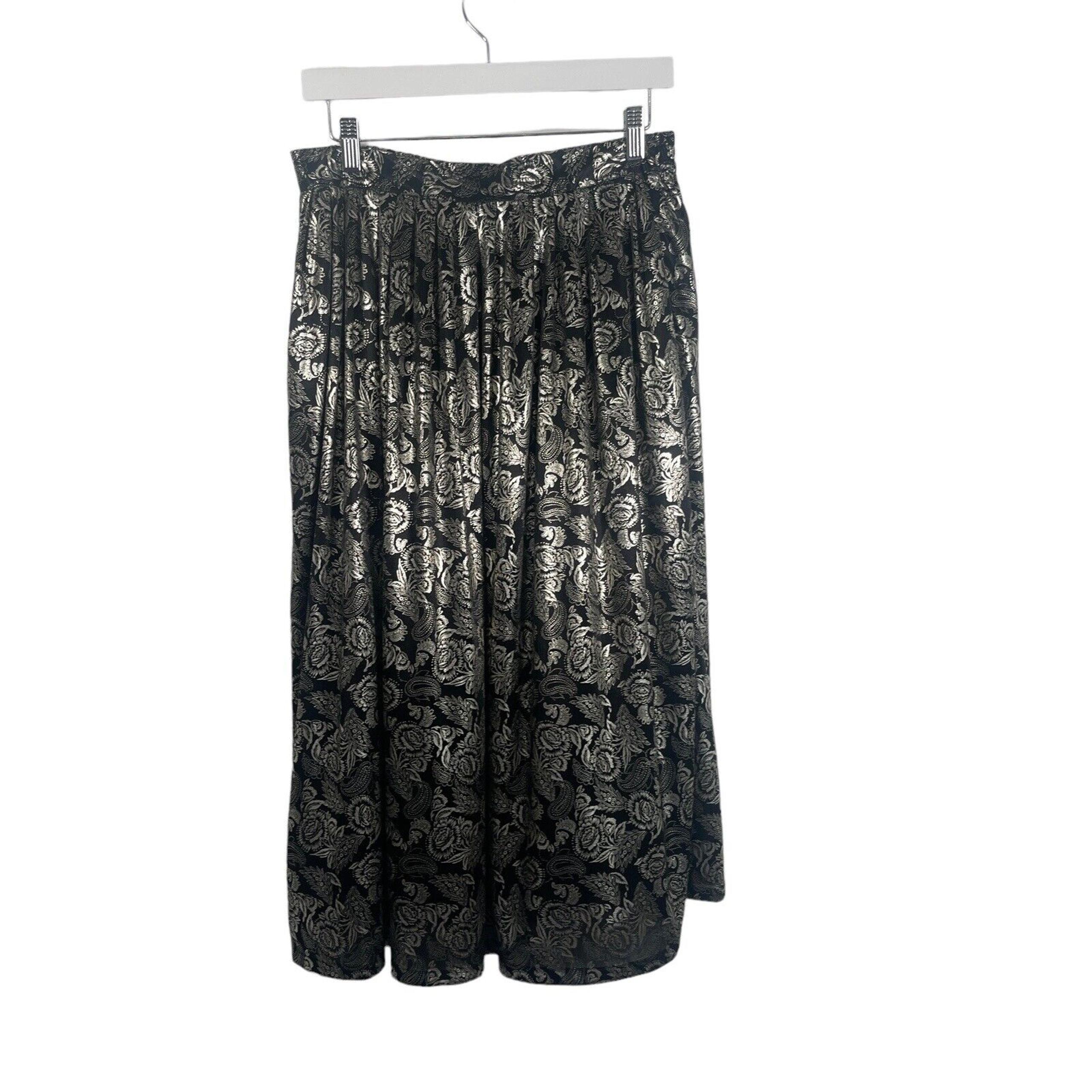 Fundamental Things Vintage Union Made Black Floral Metallic Midi Skirt Womens 12