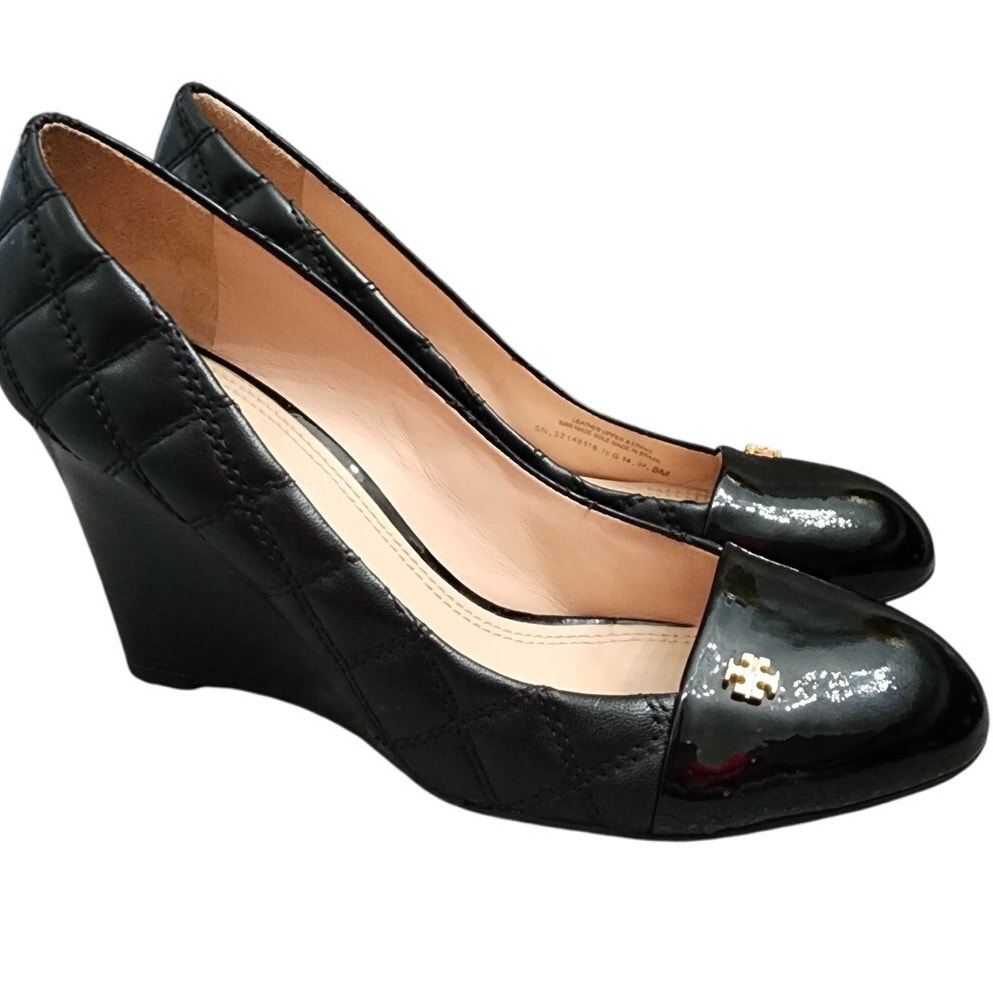 Tory Burch Claremont Quilted Leather Wedge Pump, Black, Size 8