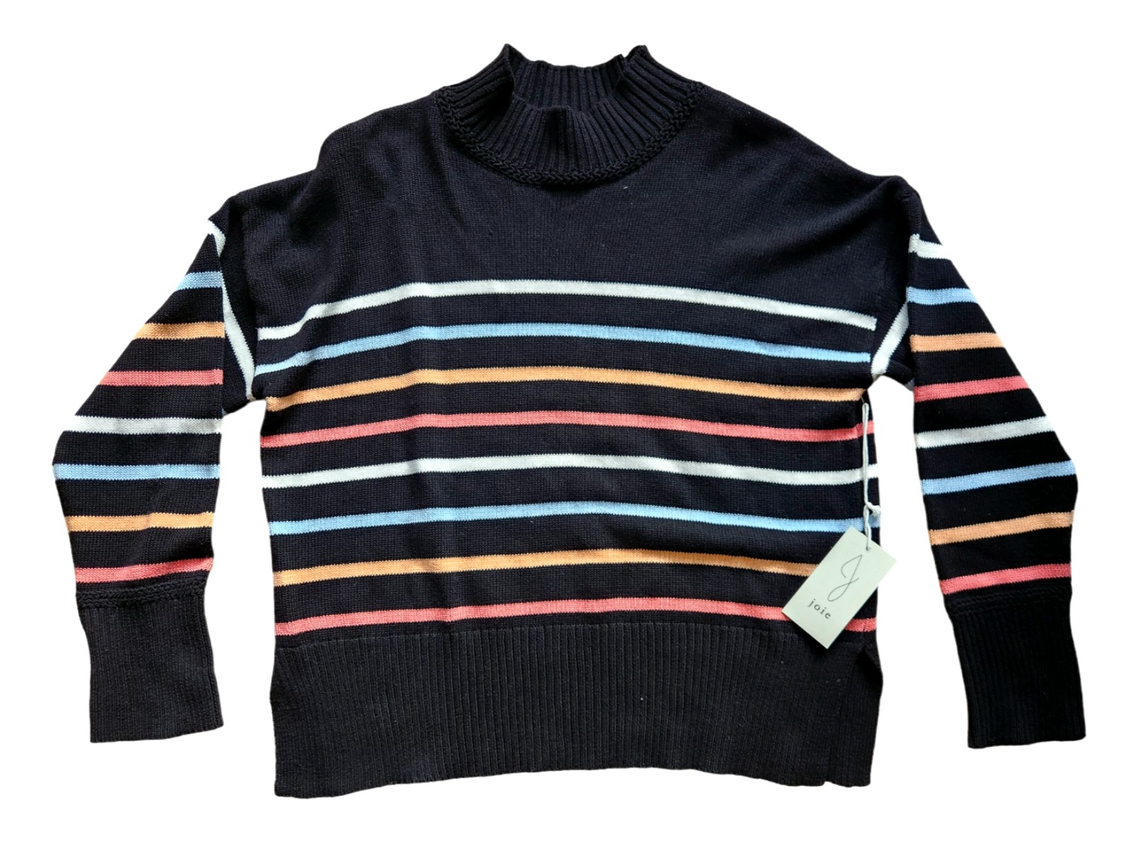 NWT Joie Sweater Black and Colorful STRIPES Turtleneck Cotton size L