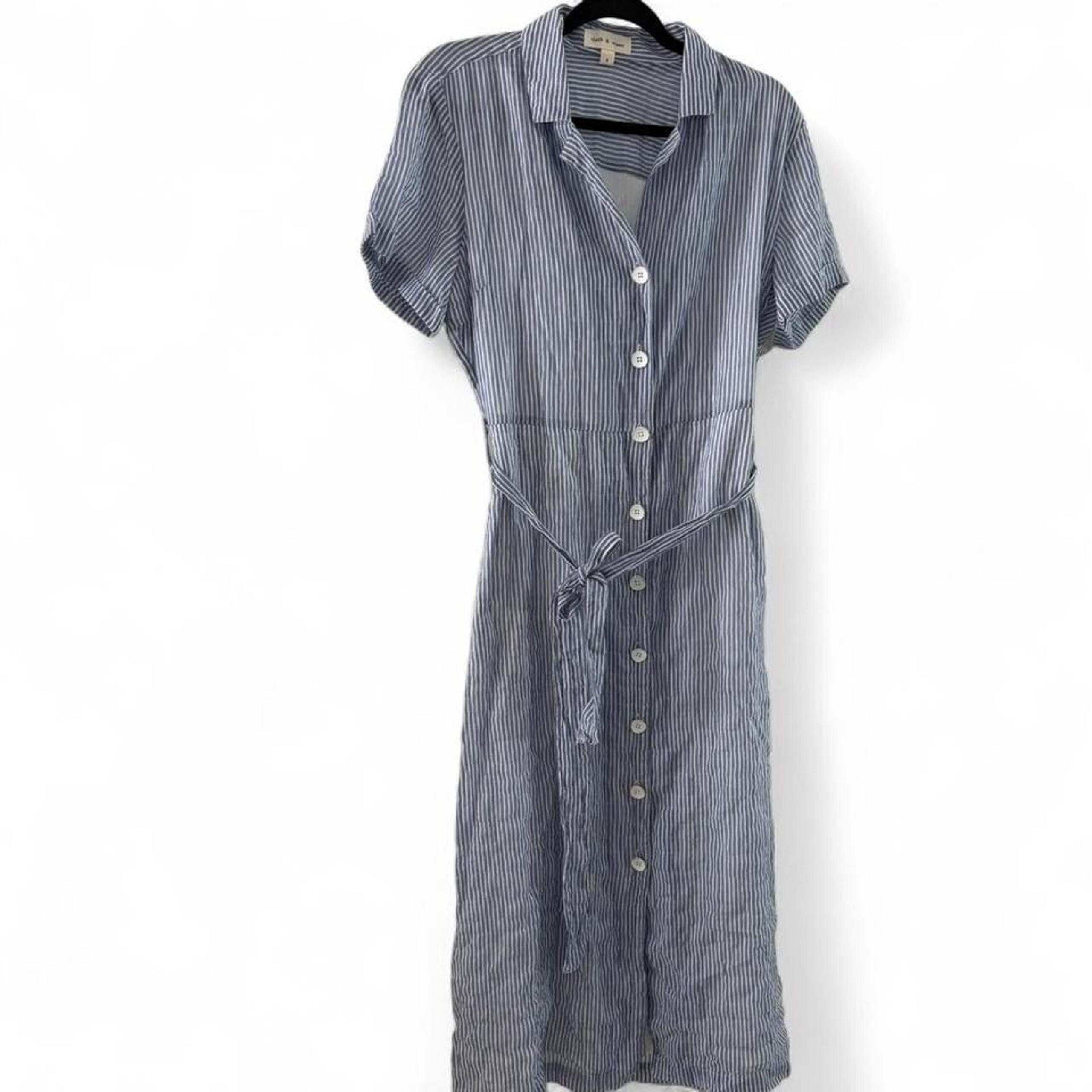 Cloth & Stone Stripe Blue Midi Dress with Waist Tie Cotton Lyocell Tincell Blend - Anthropologie