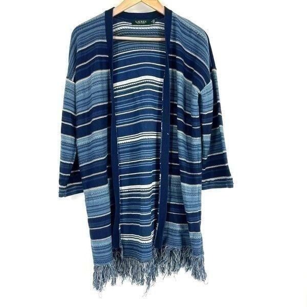 Lauren Ralph Lauren Sweater Size Medium Blue Striped Cardigan Knit Fringe Boho