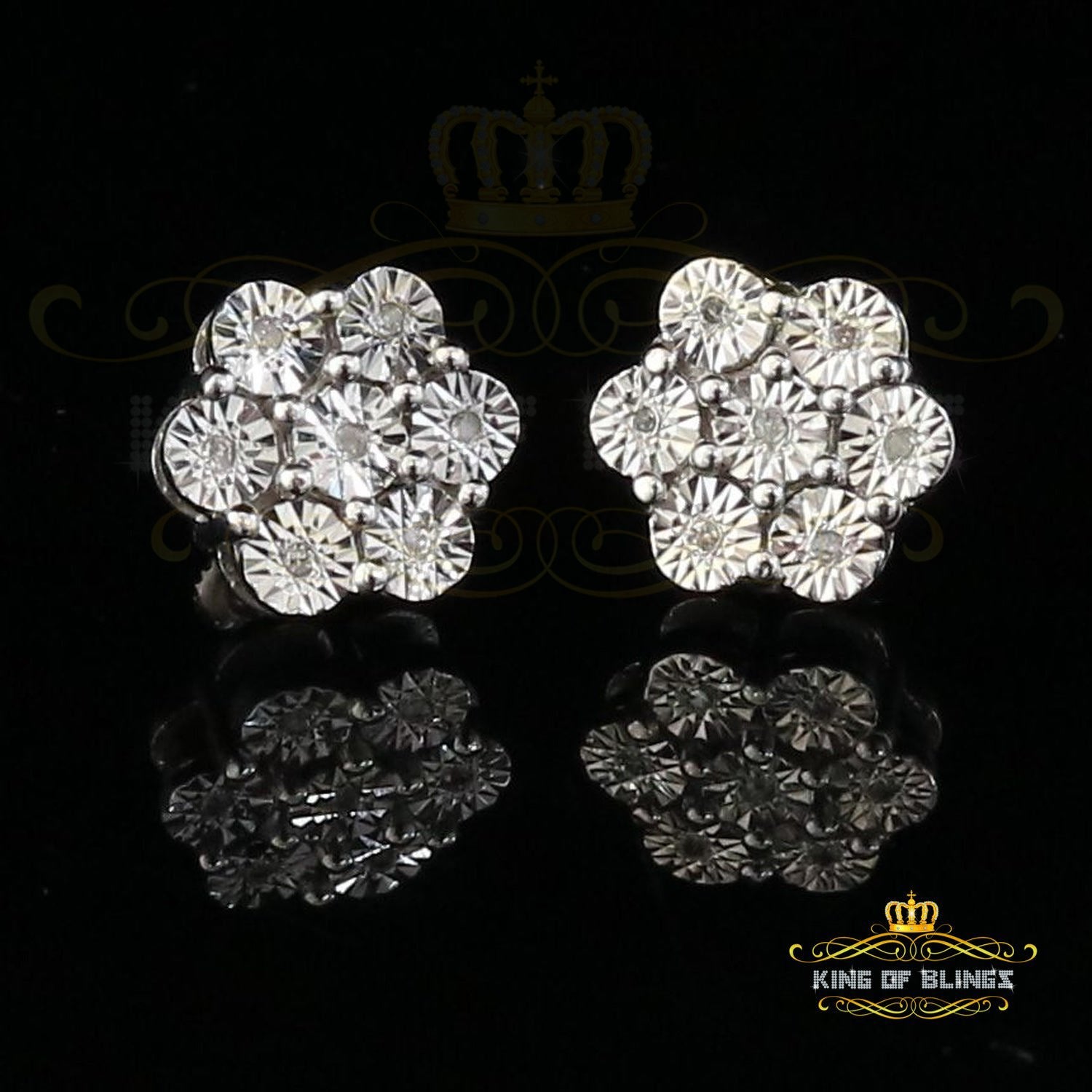 King Of Bling's 0.05ct Diamond 925 Sterling Silver White Floral Earrings For Me