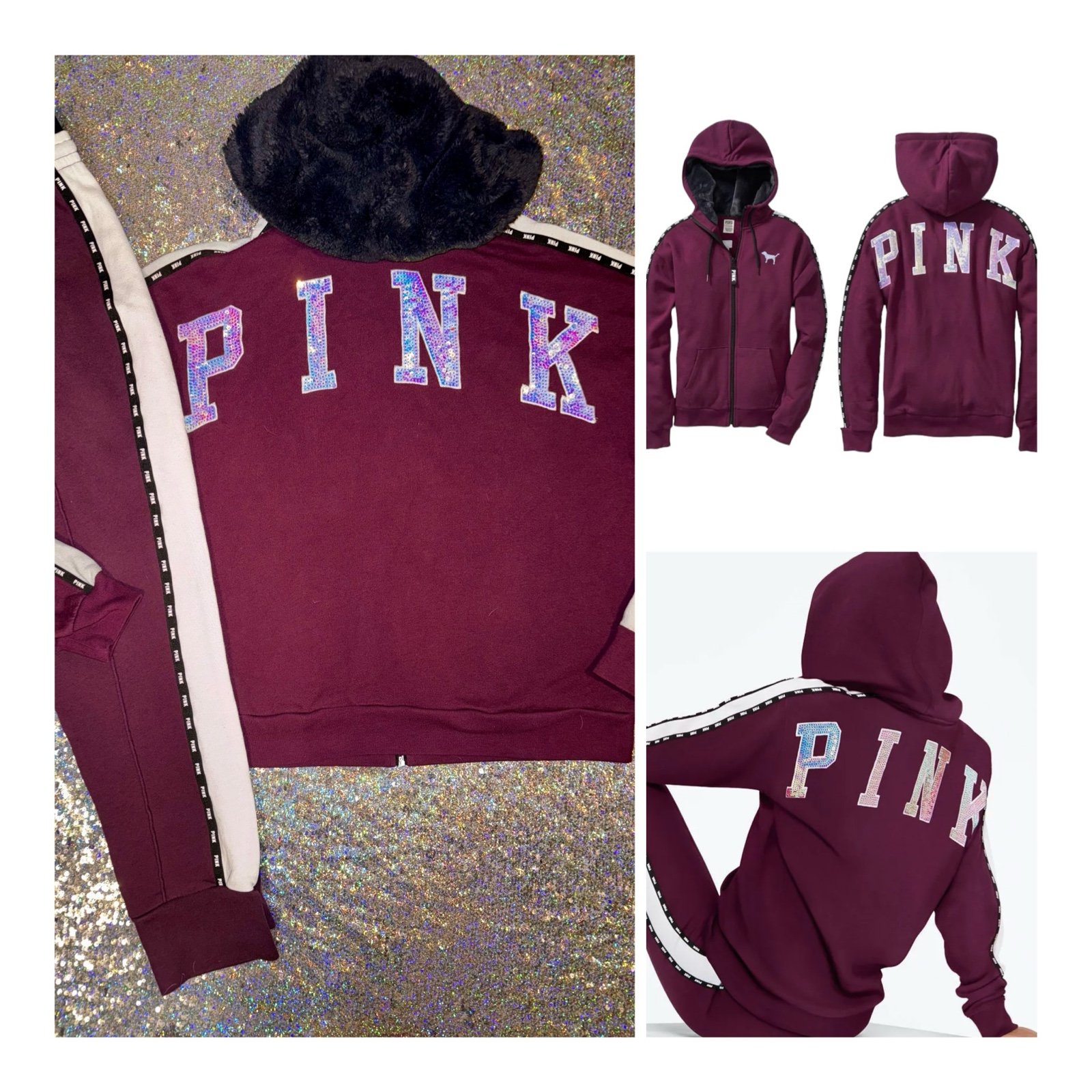 VS PINK maroon iridescent sequin mermaid bling zip Sherpa hoodie jogger pants