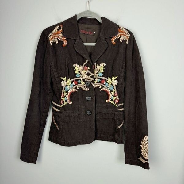 JOHNNY WAS | Dark Brown Corduroy Floral Embroidered Blazer Women’s Size Small