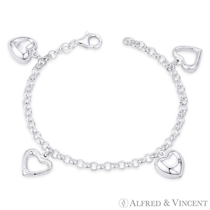 Puffed & Open Heart on 4mm Rolo Chain Bracelet in .925 Sterling Silver - 7.5