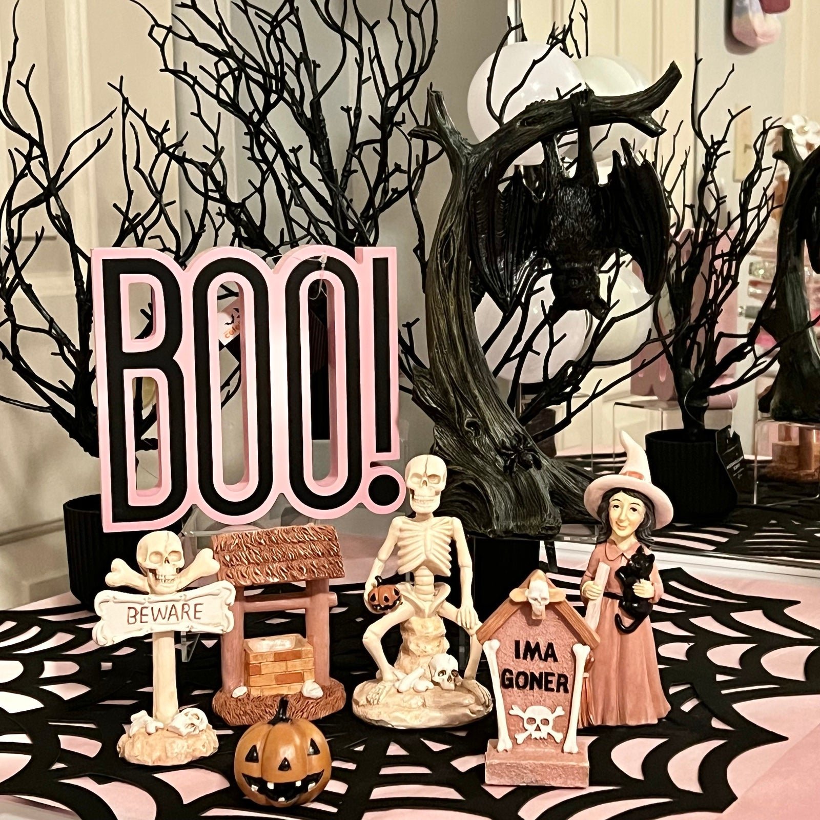 Spooky Family Figurines with Hanging Bat and BOO! Sign