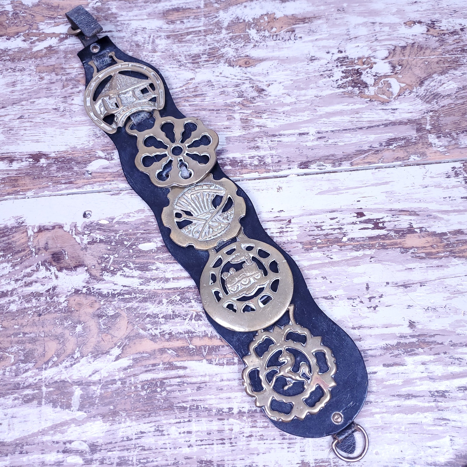 Antique Horse Brasses on Leather Strap England Decor Farming Train