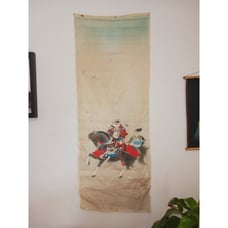 17.5x47 Samurai Japanese Antique Painting On Fabric