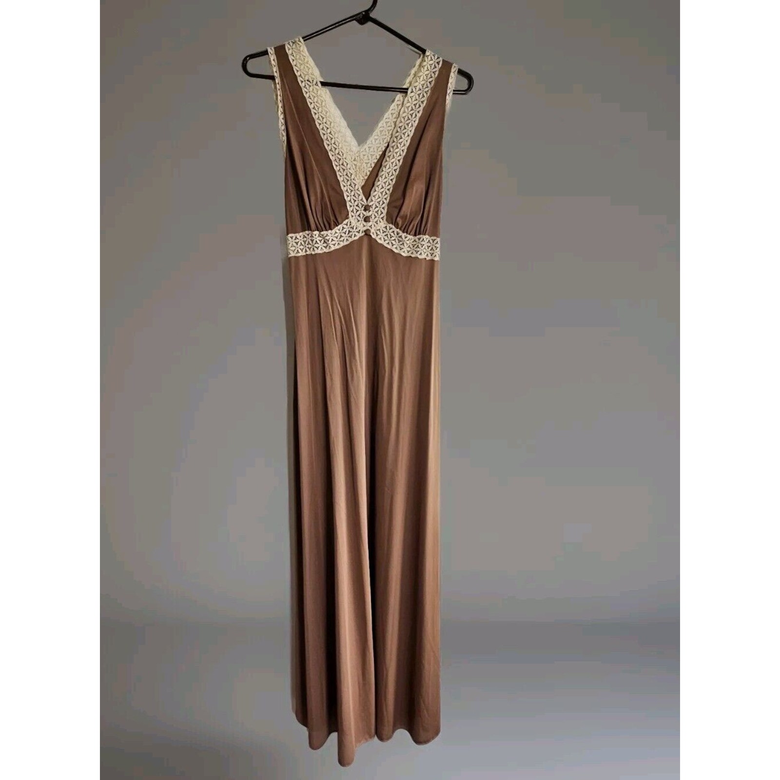 Vintage Vanity Fair Nightgown Chocolate Brown Nylon Lace Silky Goddess Sz 36
