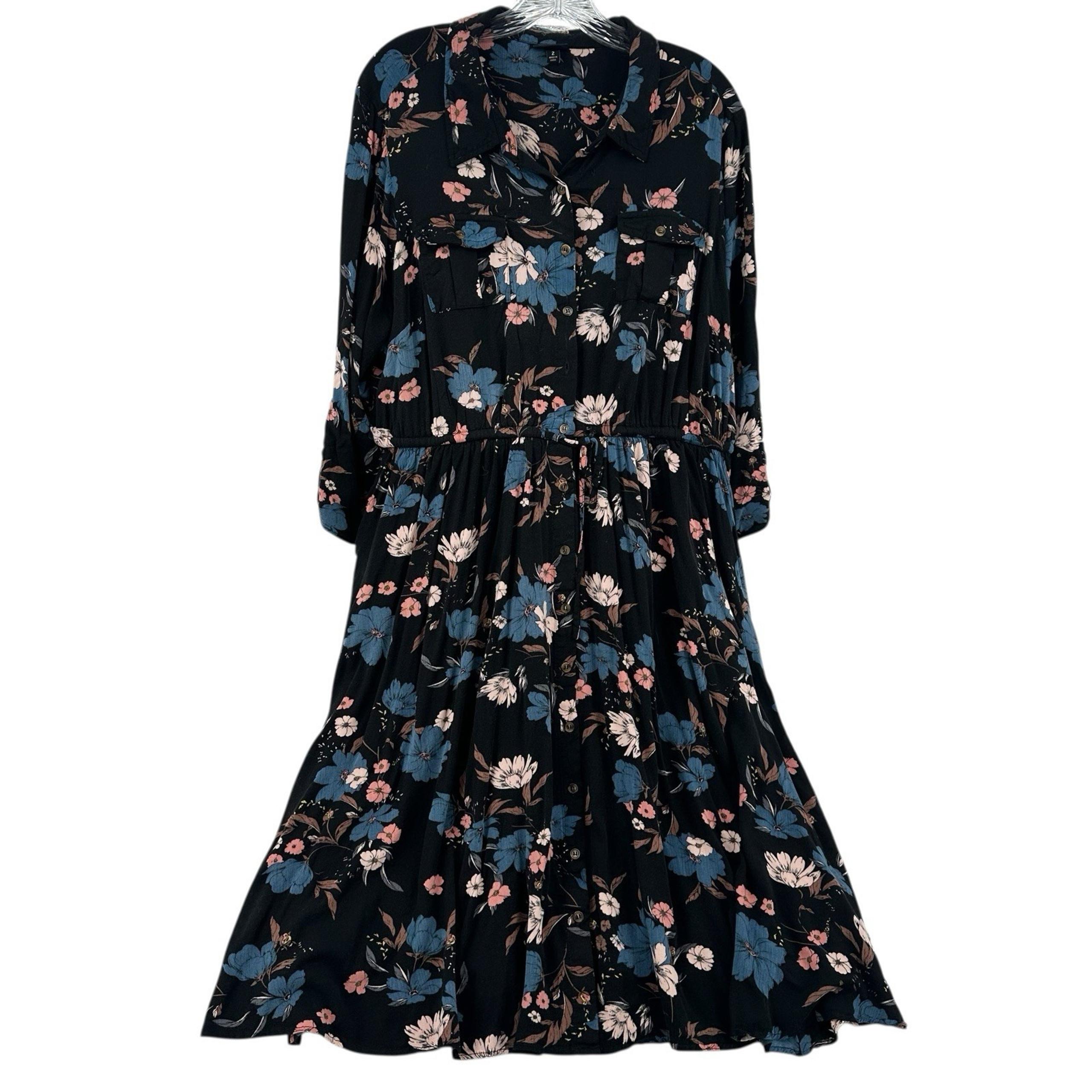 Torrid Black Floral Button Front Challis Drawstring Midi Shirt Dress Women Sz 2X