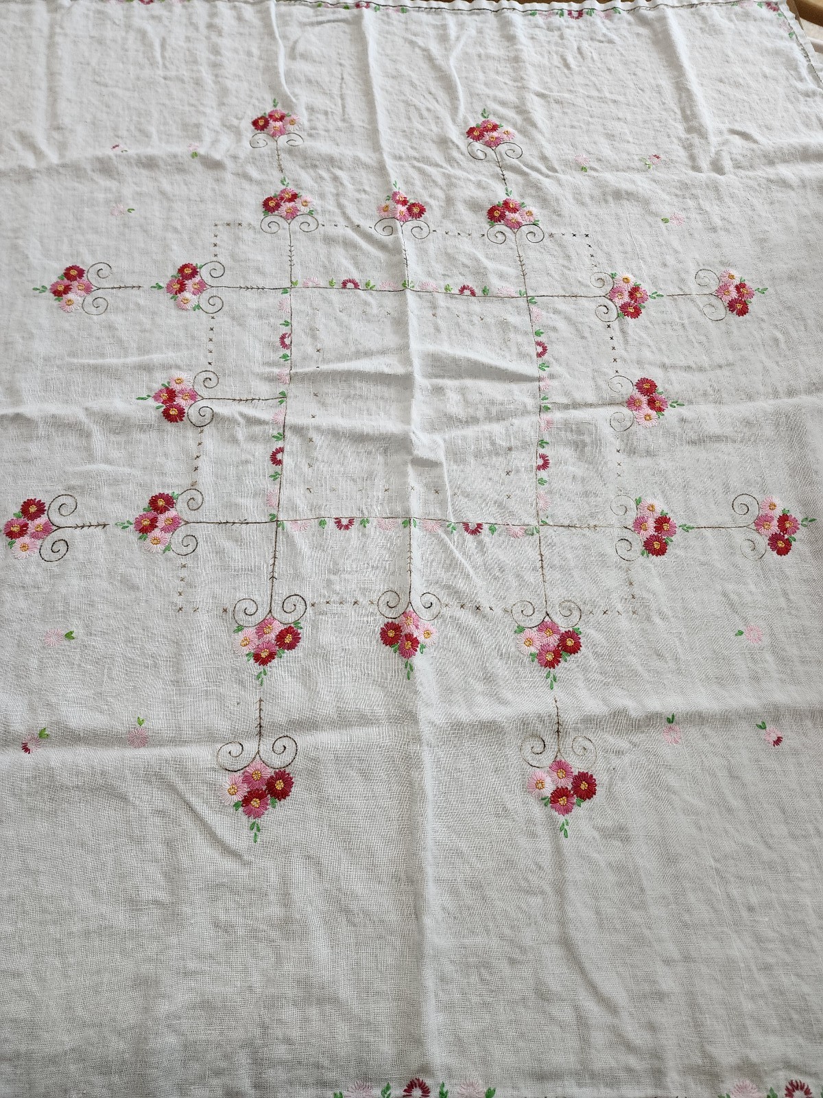 Floral Tablecloth Embroidered Pink Card Table Linen, Approx 48 x 44, Vintage