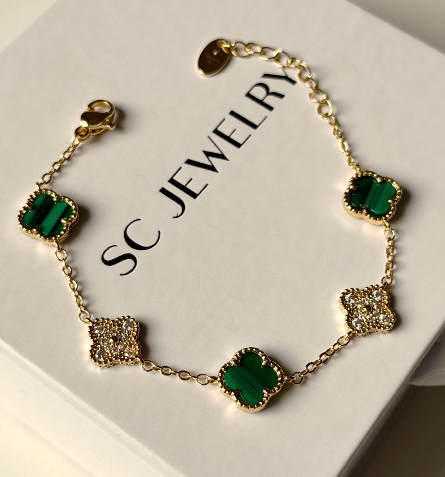 Petite Clover Malachite Bracelet Real Zircon 14k Gold Filled