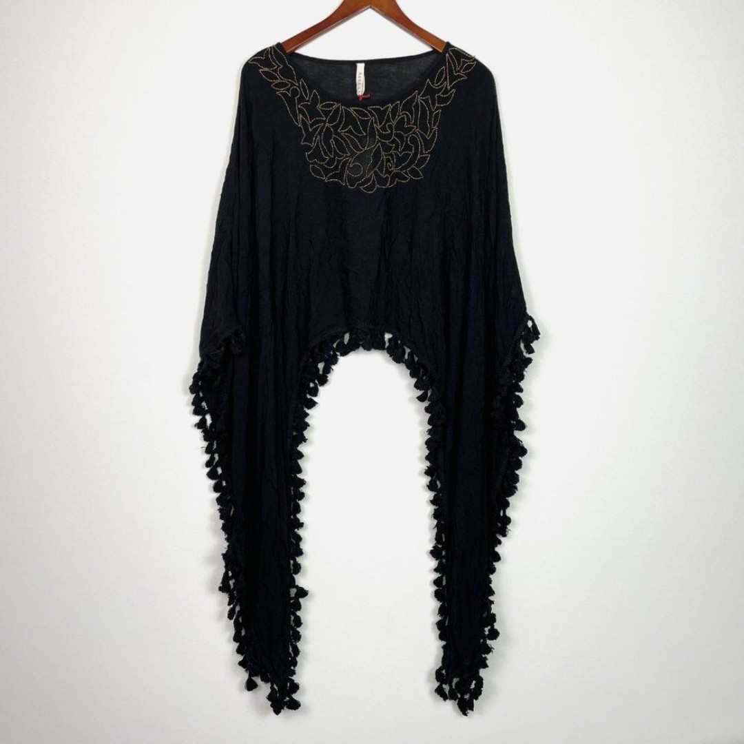 Anthropologie RAGA Dominica Tassel Beaded Poncho Top Black S