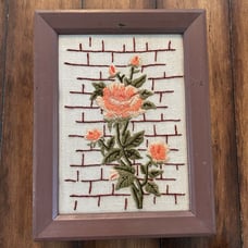 Vintage Wall Art 1970s Crewel Embroidery Pink Flowers Brick Mid-Century Framed