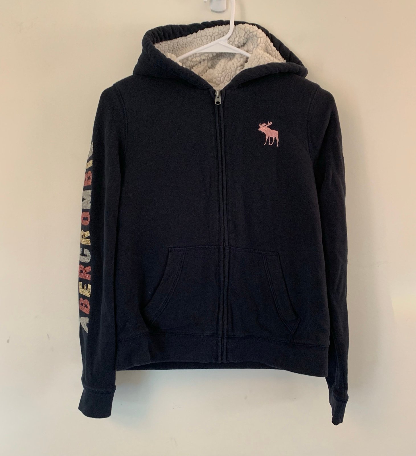 ABERCROMBIE Kids 13/14 - Girls Sequin Logo Sherpa Fleece Navy Hoodie New No Tag
