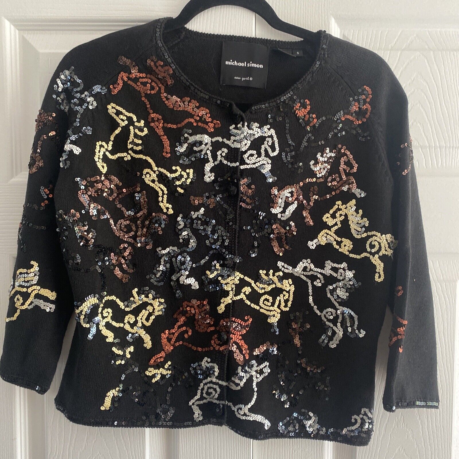 Vintage Michael Simon Black Knit Horse Sequin Cardigan Sweater Small Equestrian