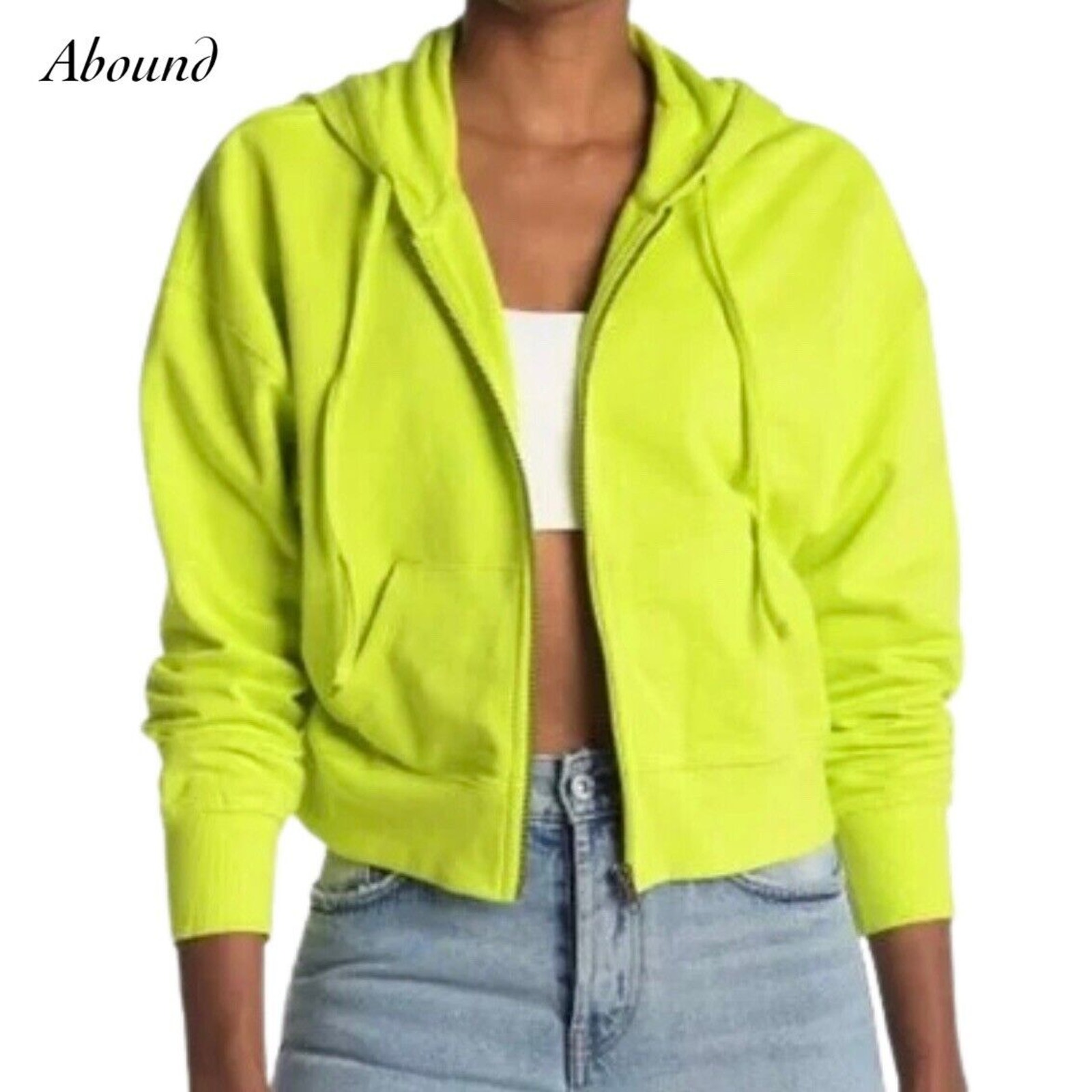 Abound Neon Green Pockets Zipper Front Drawstring Hoodie Jacket NWT Size L FLAW