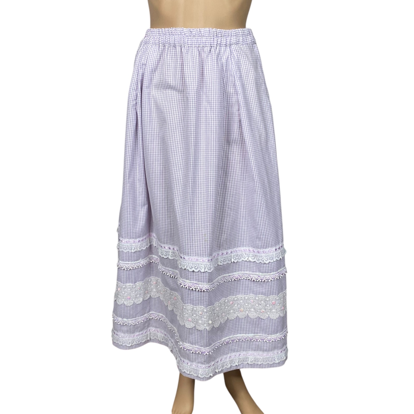 Vtg 70s Pastel Purple Gingham Crochet Lace Cottagecore Maxi Skirt Women's XS/S