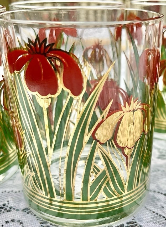 #382409, 12oz Lowball Glasses by Culver, Cinnabar iris, 22k gold. Set of 4.
