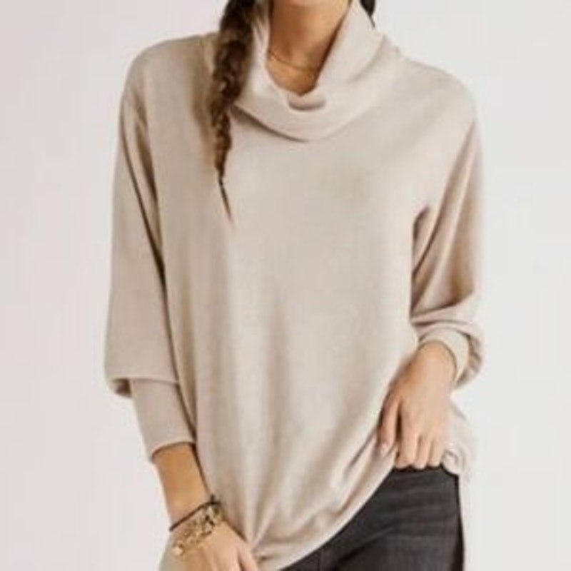 Anthropologie Maeve Cowl Neck Tunic Top Sweater Sand Beige Oatmeal Large