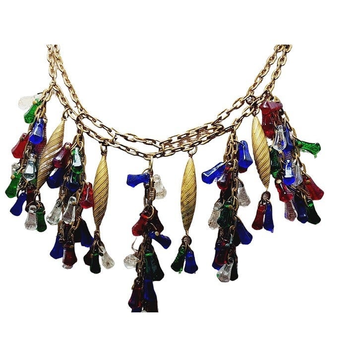 Vintage Early Haskell/Hess Glass & Brass Bib Necklace (A754)