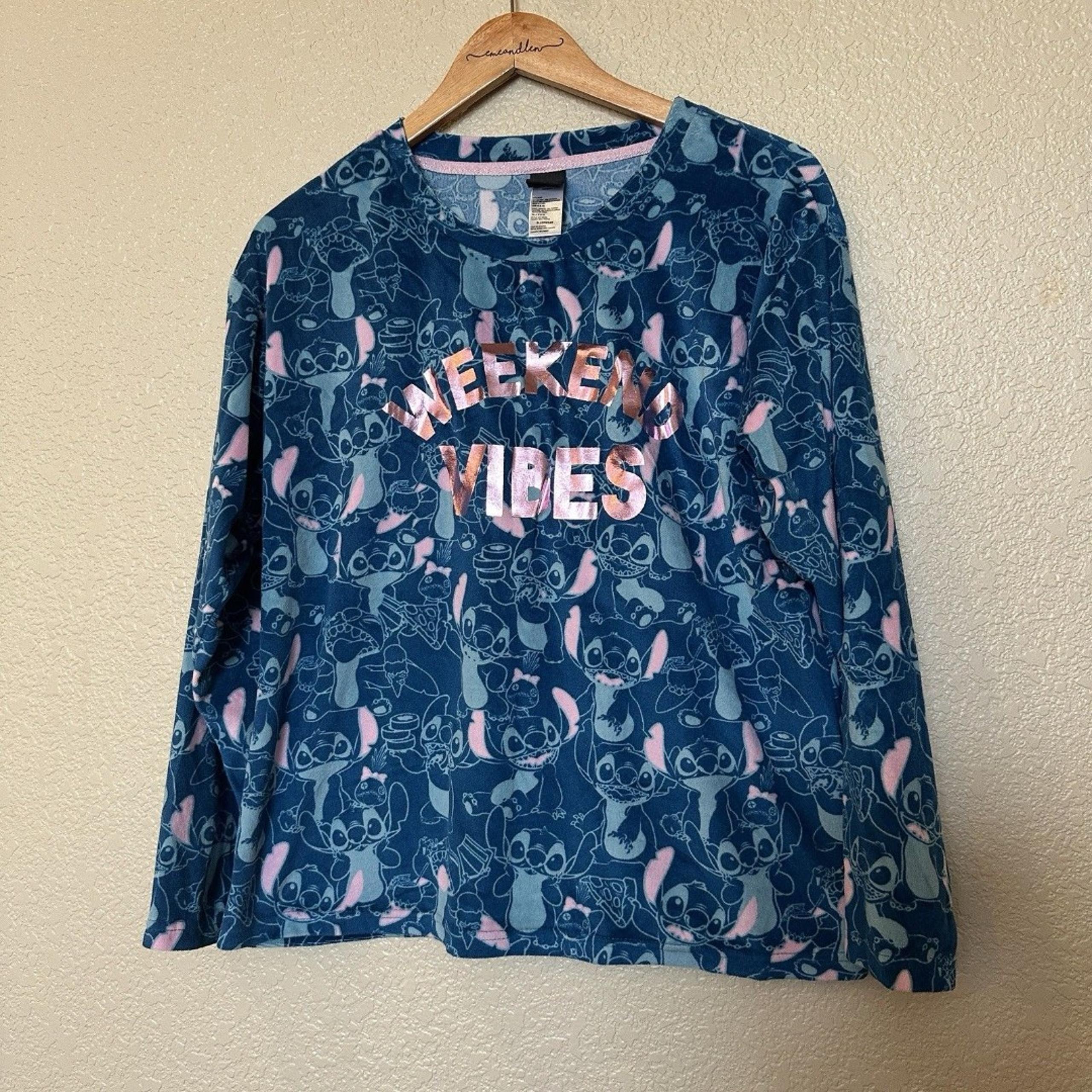 Disney Lilo and Stitch Pajama Top Shirt Women Size M 8-10 Blue Pink Long Sleeve