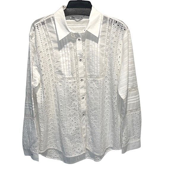 Zara Womens Embroidered Eyelet Cotton Long Sleeve Button Up Shirt White Size XL
