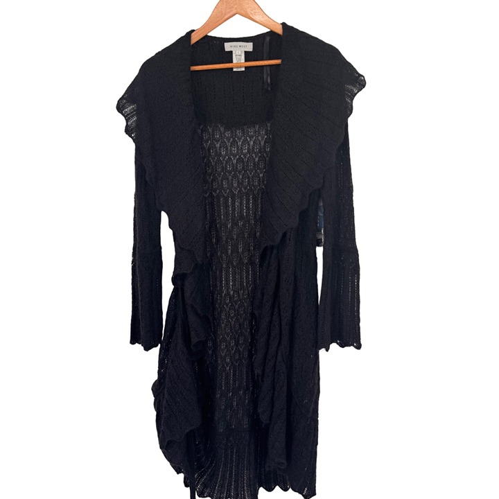 Nine West Black Mohair Cardigan sweater duster Ruffle Large new 159
