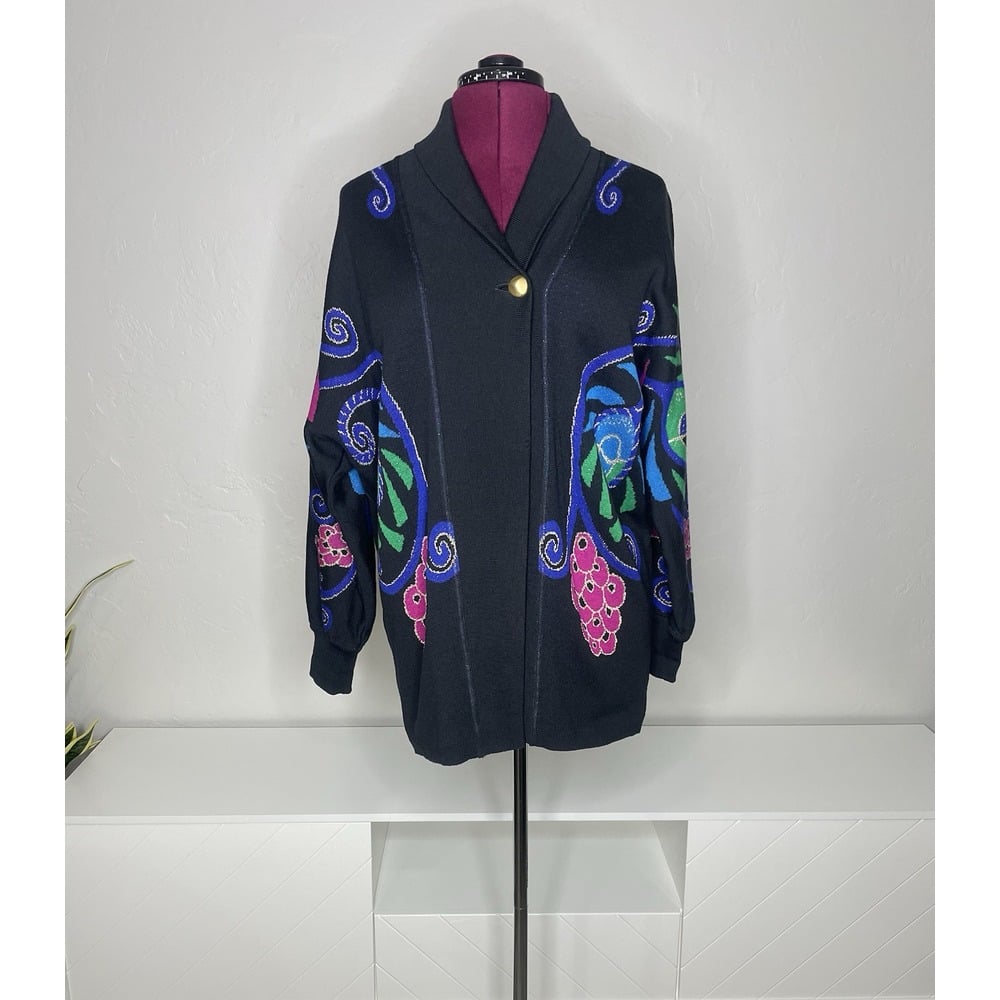 Laurel Escada Cardigan Womens 34 Wool Oversized Sweater Black Pattern Intarsia