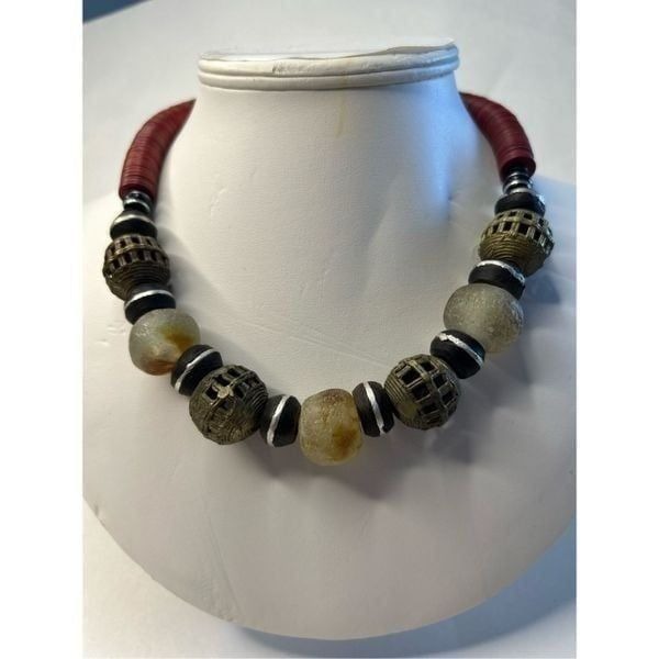 Necklace natures balance and colors wood beads, brass beads , sea glass beads an
