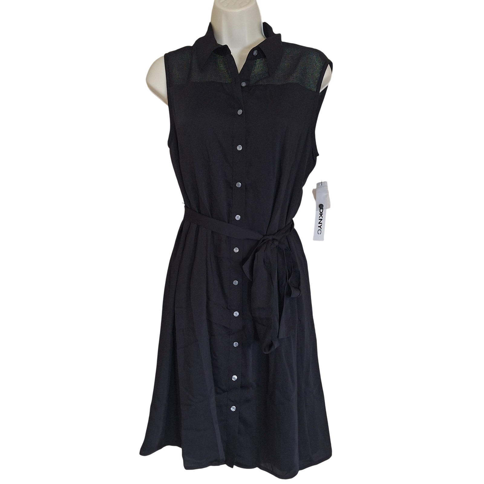 DKNYC Black Sleeveless Belted Shirt Dress Medium Mesh Panel Career