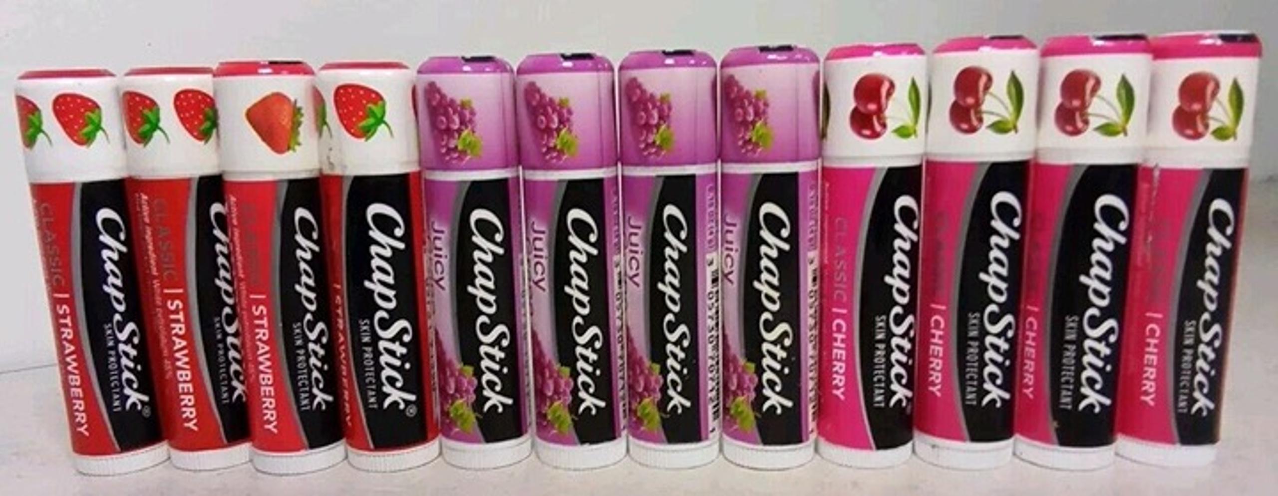 12 Chapstick Classic Cherry, Strawberry & Juicy Grape Lip Balm 0.15 Oz Each.