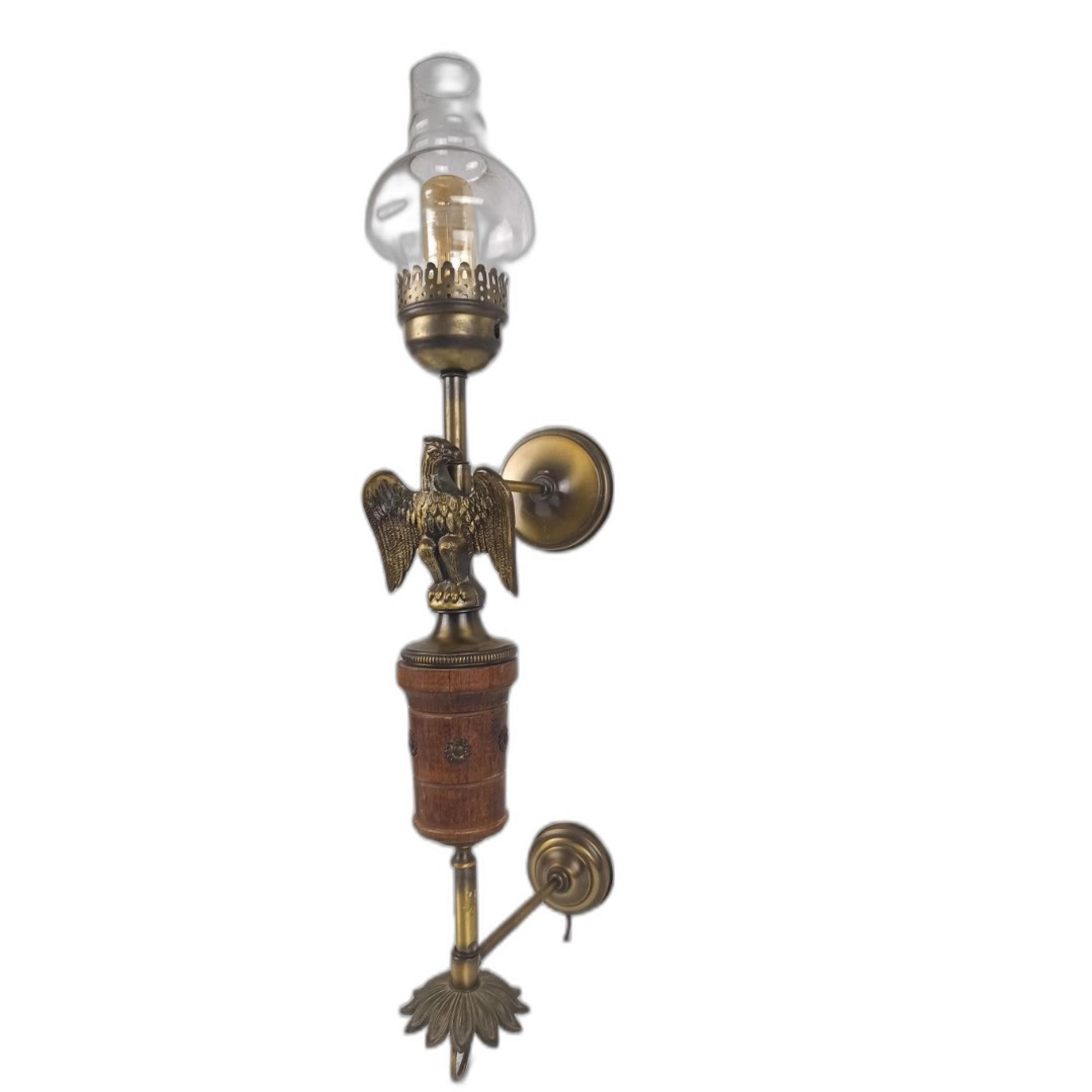 MCM Style Morton Wall Mount Lamp With Eagle Statue Glass Chimney Wooden Pole