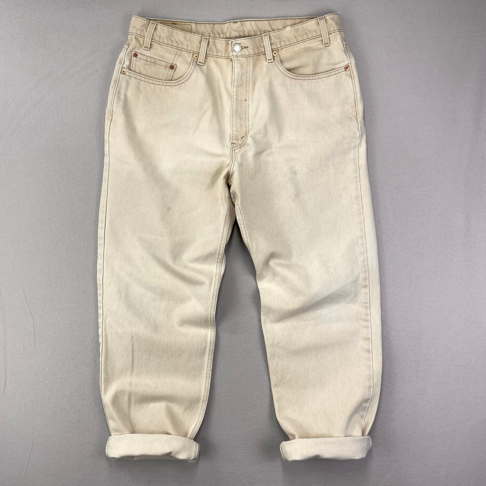 VTG Leiv's Jeans 550 Mens 38x30 Light Tan Denim 90s Relaxed Straight made in USA