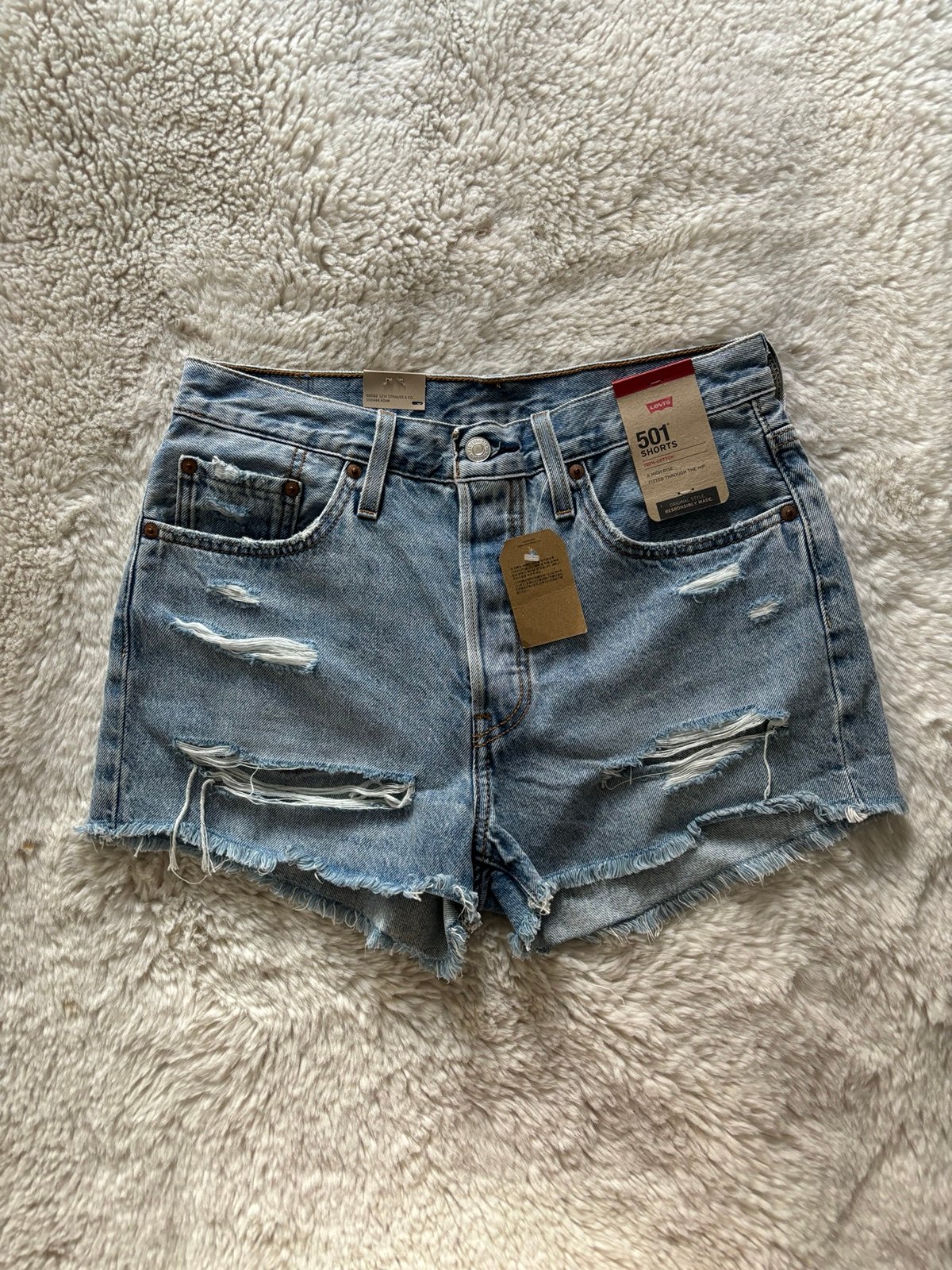 NWT Levi's - 501 High Waisted Distressed Blue Denim Shorts