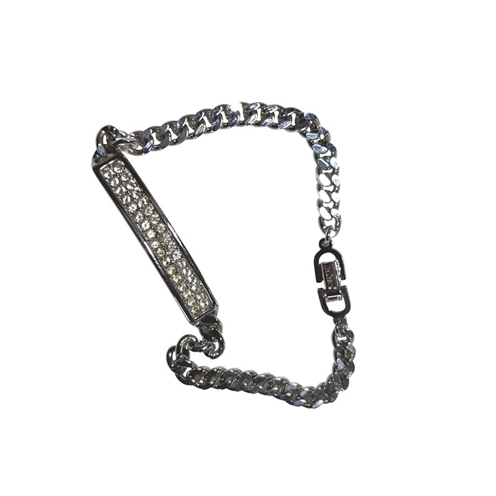 Christian Dior Silver-Tone Chain Bracelet With Crystal Embellished Bar & Secure