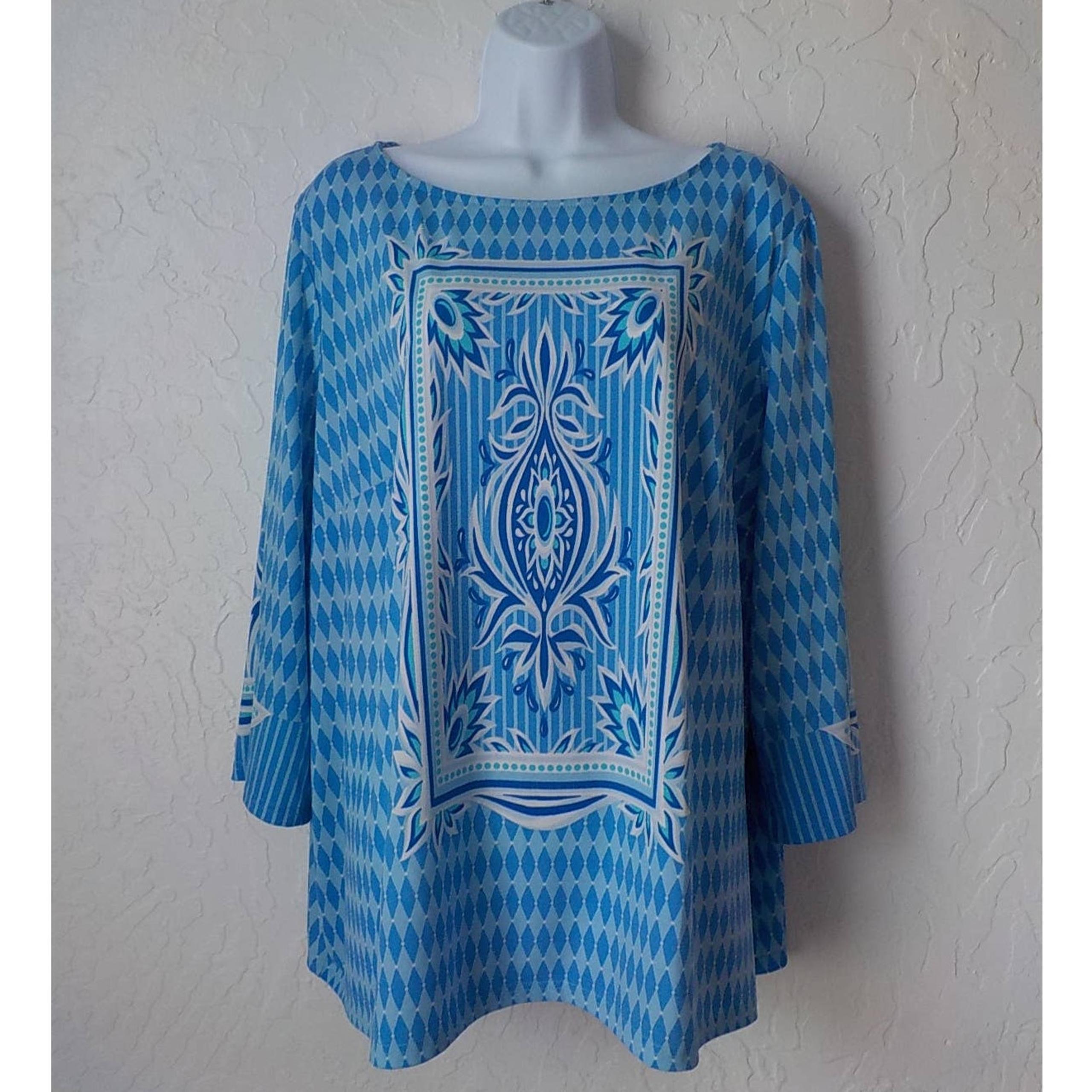 Bob Mackie Blue Geometric Print Tunic Top Women size 2X Long Sleeves Stretch