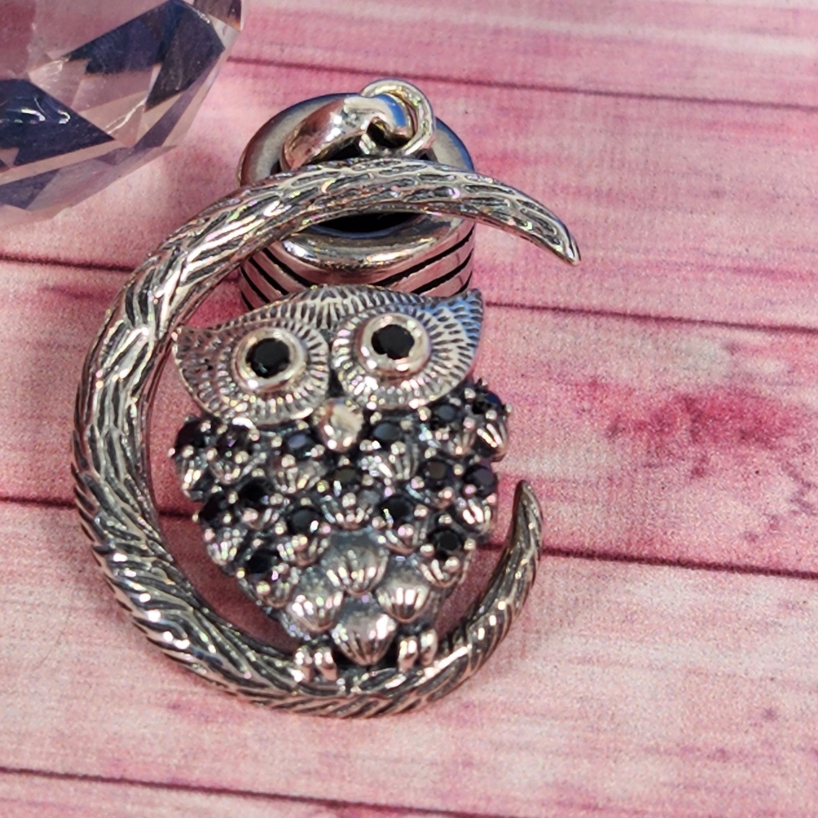 S925 Sterling Silver Black Crystal Owl Moon Luxury Retired Pendant