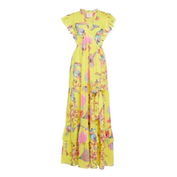 NWT Banjanan Gabriela in Birdie Buttercup Print Cotton Dobby Maxi Dress XL 350