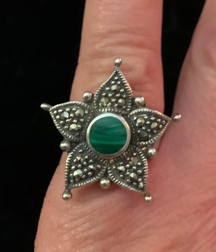 Sterling Silver, marcasite and malachite flower ring, size 6.5