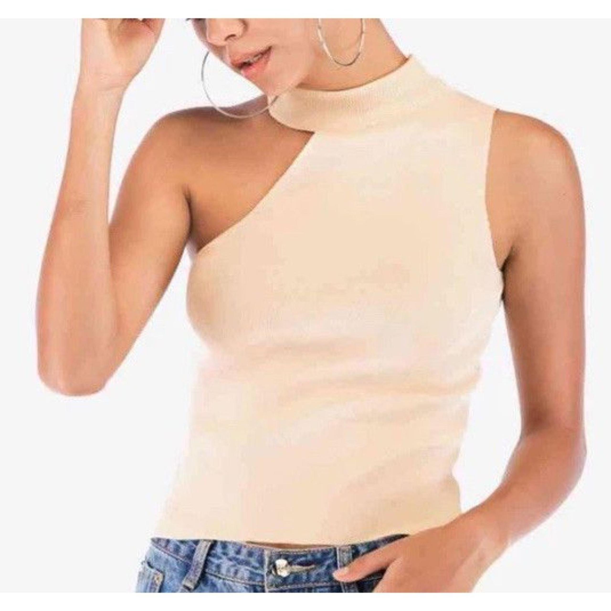 Le Lis Women's Pale Yellow Asymmetrical Sleeveless Rib Knit Slim Fit Mock Top S