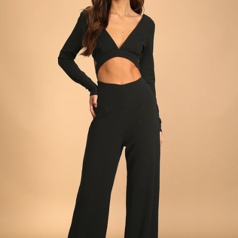 Lulu's Sophisticated Nights Black Cutout Long Sleeve Jumpsuit