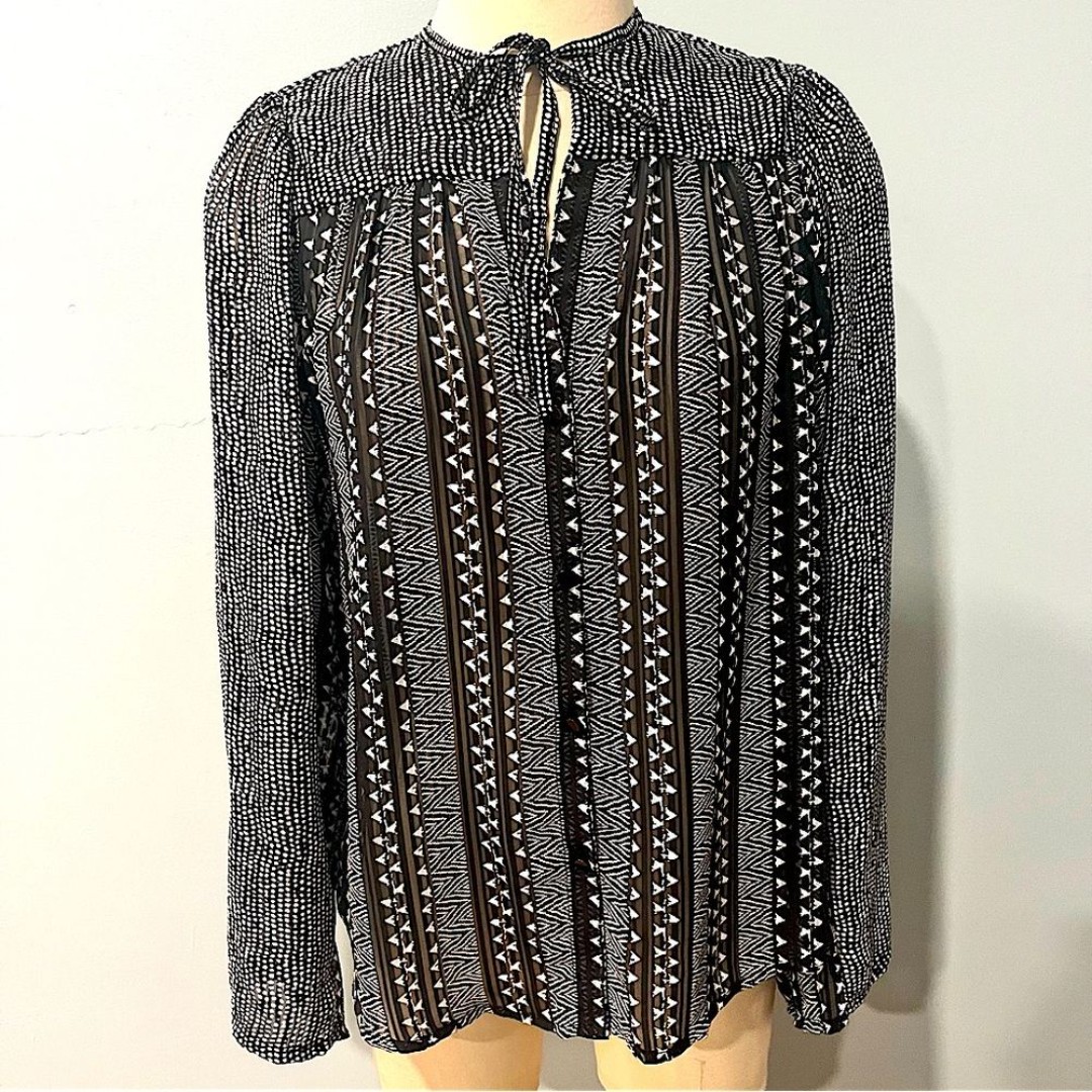 Sabina Musayev Black & White Geometric Print Long Sleeve Peasant Blouse Small